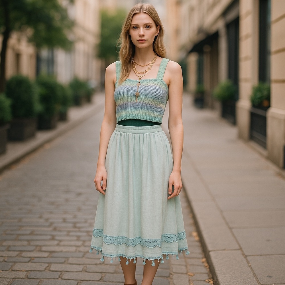 Krazy Kat Light Blue Embroidered Trim Midi Skirt